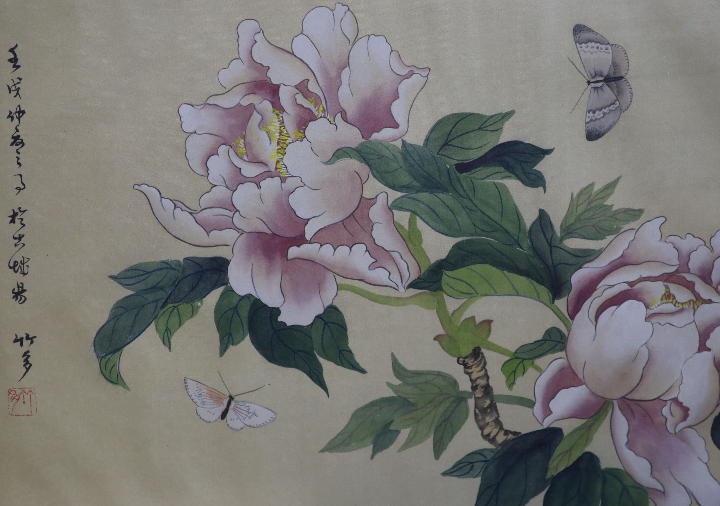Chinese School, three watercolours on silk, Studies of flowers and butterflies, 28 x 38cm
